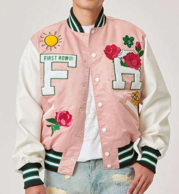 First Row “Easy Hours” Varsity Jacket (Pink/Green/Yellow)